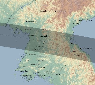 Map of the eclipse path across North Korea on 09/02/2035