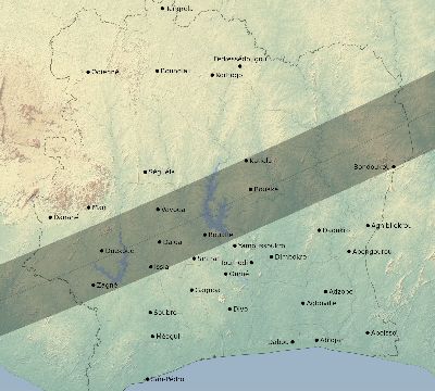 Map of the eclipse path across Côte d'Ivoire (Ivory Coast) on 01/05/2038
