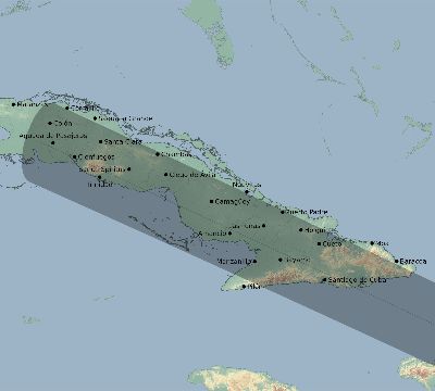 Map of the eclipse path across Cuba on 01/05/2038
