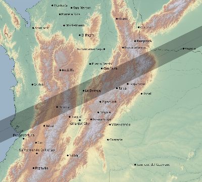 Map of the eclipse path across Colombia on 07/02/2038