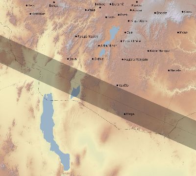 Map of the eclipse path across Ethiopia on 07/02/2038