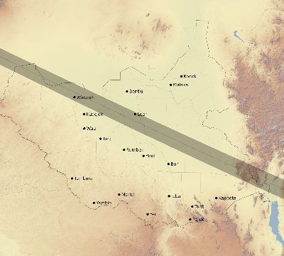 Map of the eclipse path across South Sudan on 07/02/2038