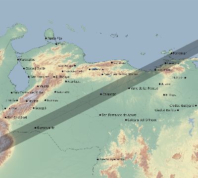 Map of the eclipse path across Venezuela on 07/02/2038