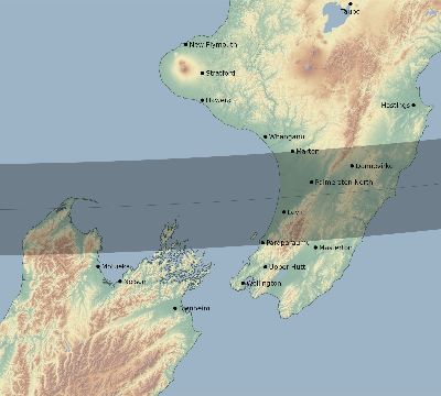 Map of the eclipse path across New Zealand on 12/26/2038
