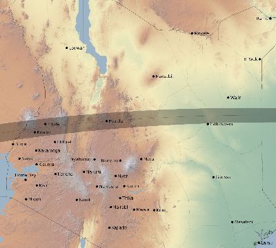 Map of the eclipse path across Kenya on 04/30/2041