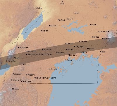 Map of the eclipse path across Uganda on 04/30/2041