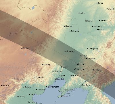 Map of the eclipse path across China on 10/25/2041