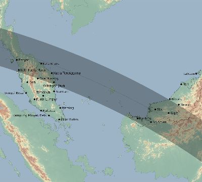 Map of the eclipse path across Malaysia on 10/14/2042