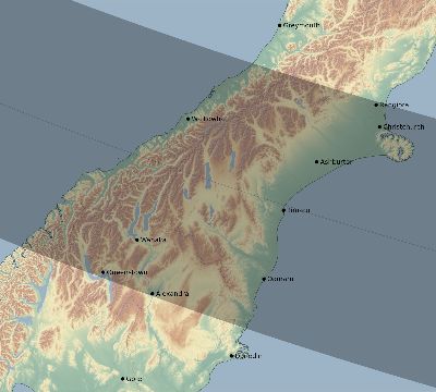 Map of the eclipse path across New Zealand on 10/14/2042