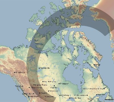 Map of the eclipse path across Canada on 08/23/2044