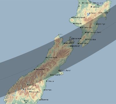 Map of the eclipse path across New Zealand on 02/16/2045