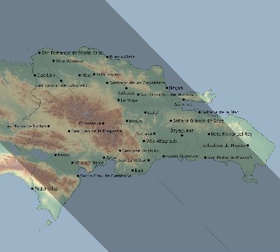 Map of the eclipse path across Dominican Republic on 08/12/2045