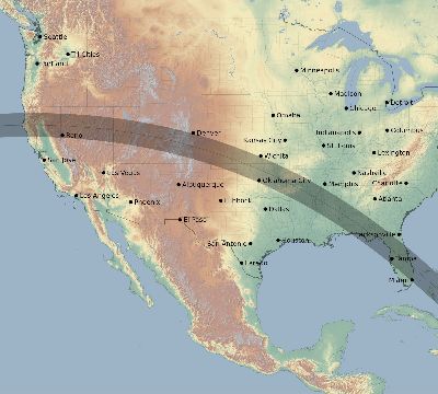 Map of the eclipse path across United States on 08/12/2045