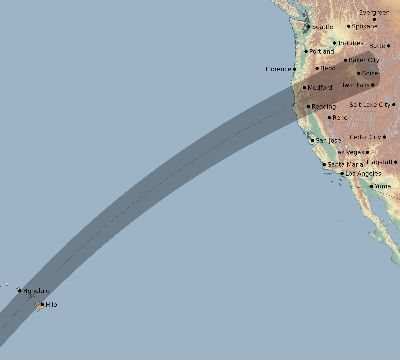 Map of the eclipse path across United States on 02/05/2046