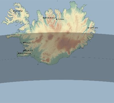 Map of the eclipse path across Iceland on 06/11/2048