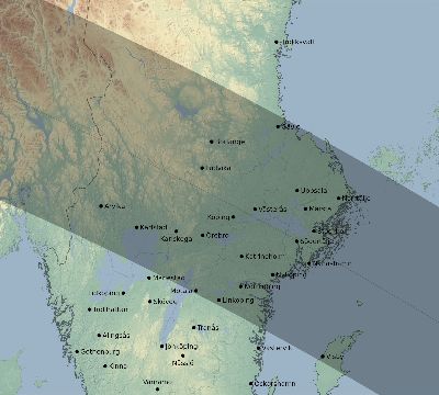 Map of the eclipse path across Sweden on 06/11/2048