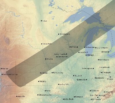 Map of the eclipse path across United States on 06/11/2048