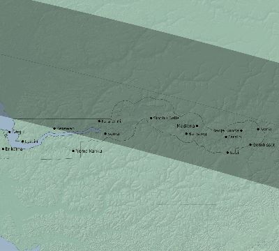 Map of the eclipse path across Gambia on 05/31/2049