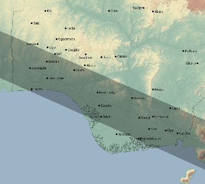 Map of the eclipse path across Nigeria on 05/31/2049