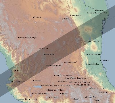 Map of the eclipse path across Mexico on 03/30/2052