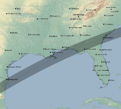 Map of the eclipse path across United States on 03/30/2052