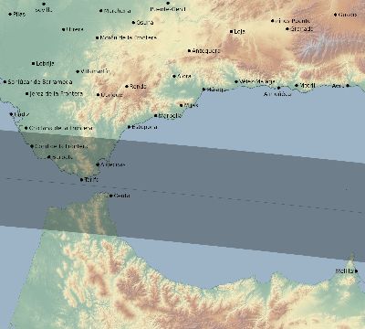 Map of the eclipse path across Spain on 09/12/2053