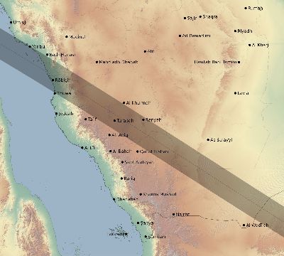 Map of the eclipse path across Saudi Arabia on 09/12/2053