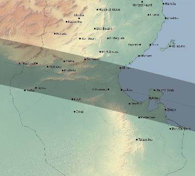 Map of the eclipse path across Tunisia on 09/12/2053