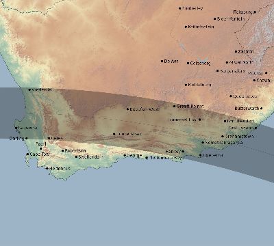 Map of the eclipse path across South Africa on 07/24/2055