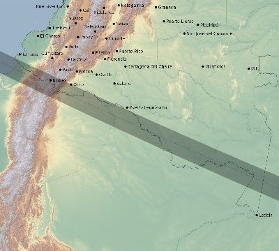 Map of the eclipse path across Colombia on 07/12/2056