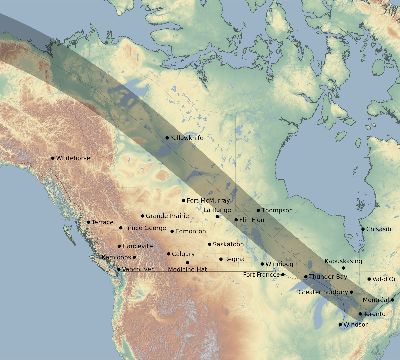 Map of the eclipse path across Canada on 07/01/2057