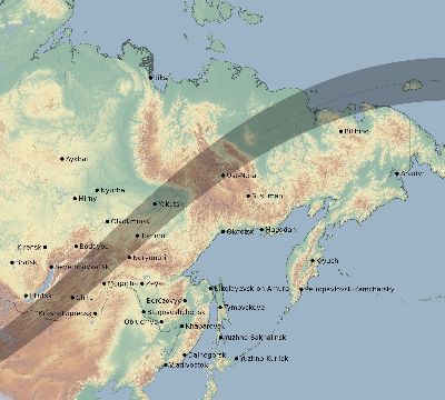 Map of the eclipse path across Russia on 07/01/2057