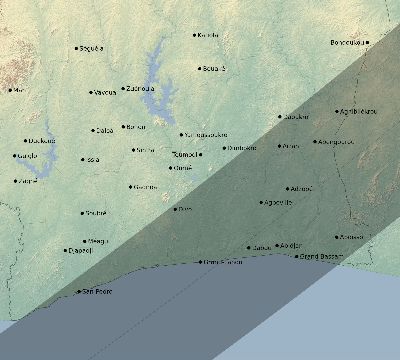 Map of the eclipse path across Côte d'Ivoire (Ivory Coast) on 04/30/2060