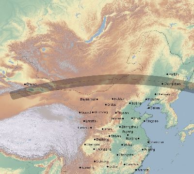 Map of the eclipse path across China on 08/24/2063