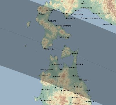 Map of the eclipse path across Japan on 08/24/2063