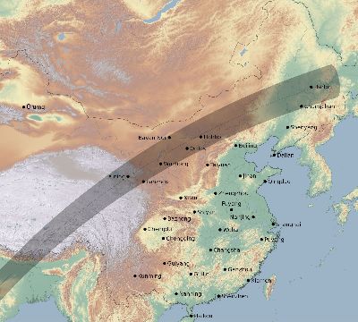 Map of the eclipse path across China on 02/17/2064