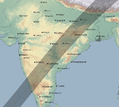 Map of the eclipse path across India on 02/17/2064