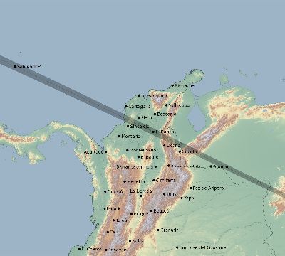 Map of the eclipse path across Colombia on 12/06/2067