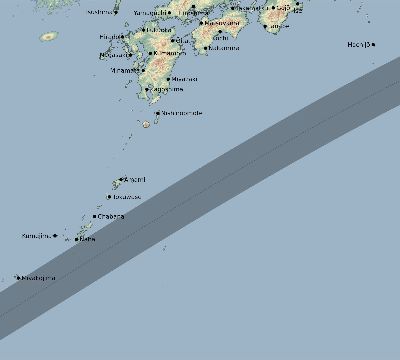 Map of the eclipse path across Japan on 04/11/2070