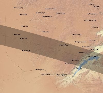 Map of the eclipse path across Zambia on 10/04/2070