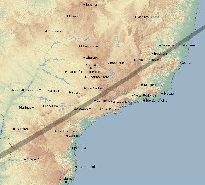 Map of the eclipse path across Brazil on 03/31/2071