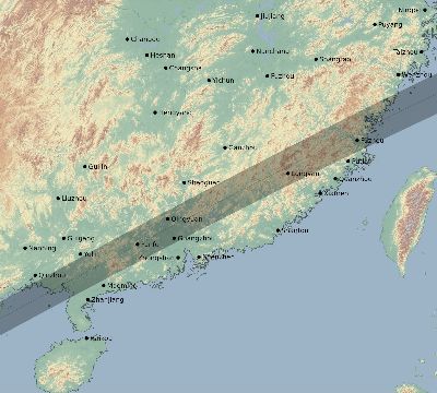 Map of the eclipse path across China on 01/27/2074