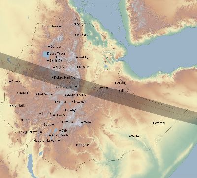 Map of the eclipse path across Ethiopia on 01/27/2074