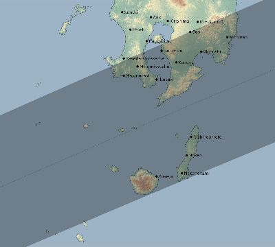 Map of the eclipse path across Japan on 01/27/2074