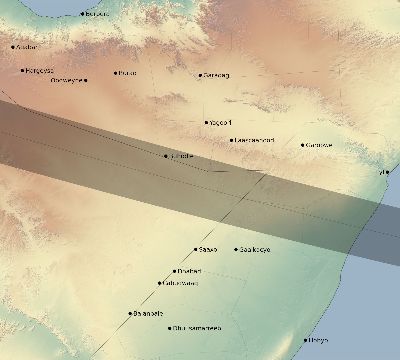 Map of the eclipse path across Somalia on 01/27/2074