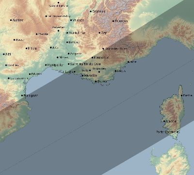Map of the eclipse path across France on 07/13/2075