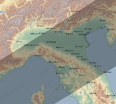 Map of the eclipse path across Italy on 07/13/2075