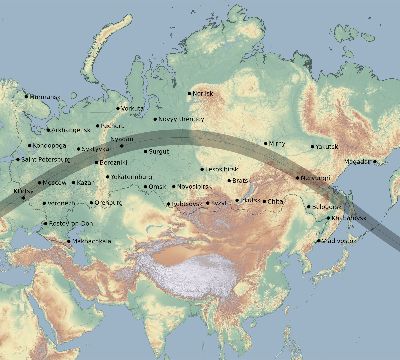 Map of the eclipse path across Russia on 07/13/2075