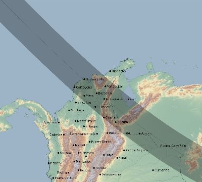 Map of the eclipse path across Colombia on 11/15/2077