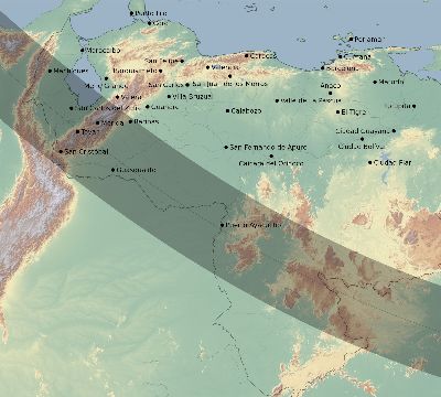 Map of the eclipse path across Venezuela on 11/15/2077